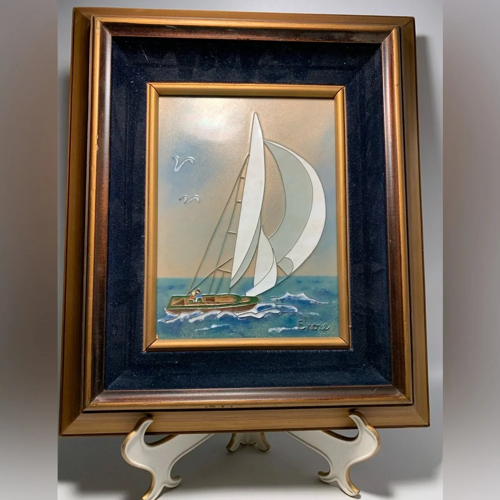 E'nore Set of 2 Oil Enamel Cloisonné on Copper Framed Eleanore Forrestal Lot MCM - Picture 3 of 10